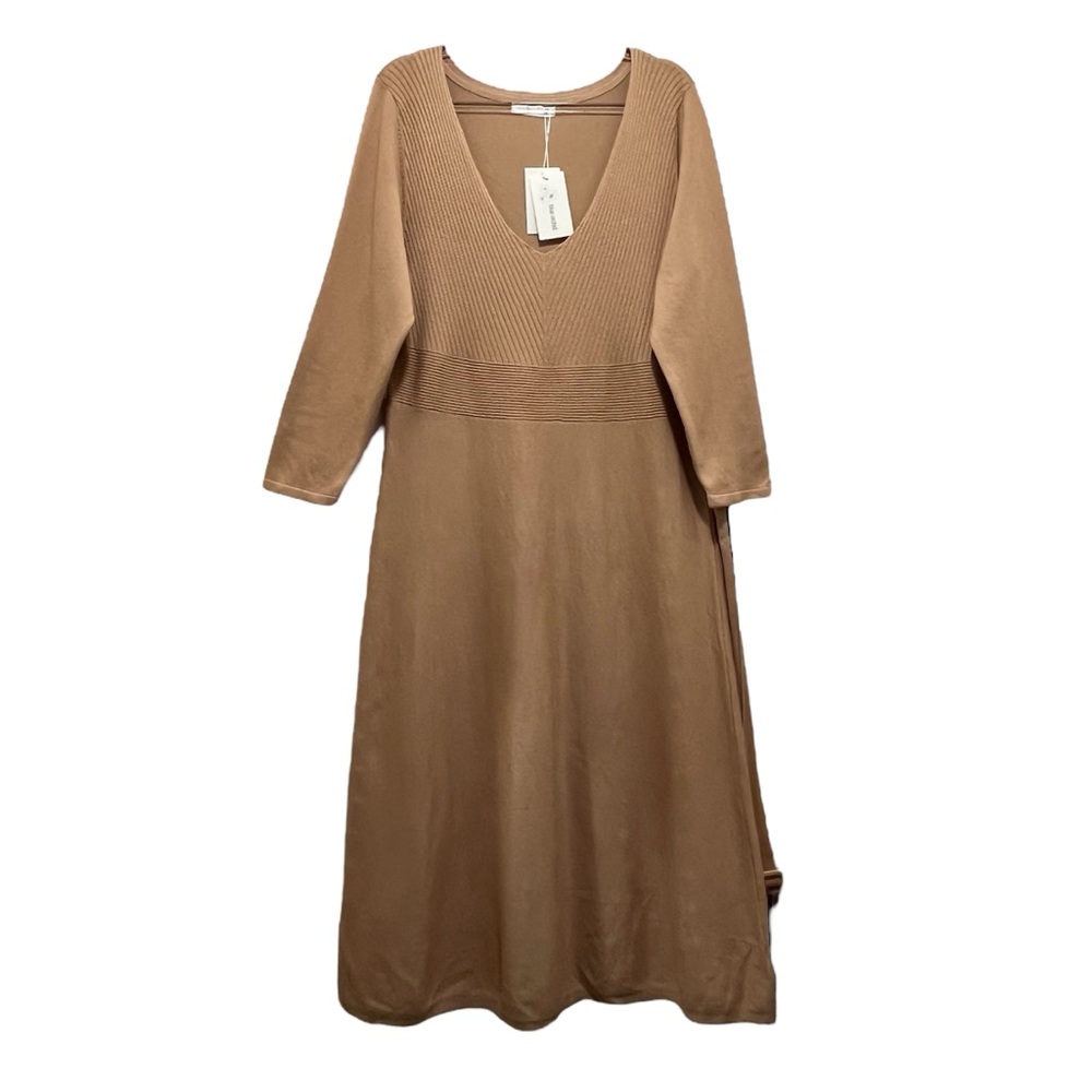 NWT Beige Ribbed Knit V-Neck Long Sleeve Minimalist Fall Boho Sweater Dress Sz L